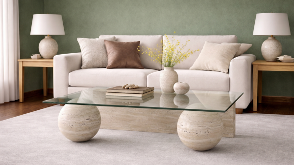 Oslo -Traverten dikdörtgen cam sehpa