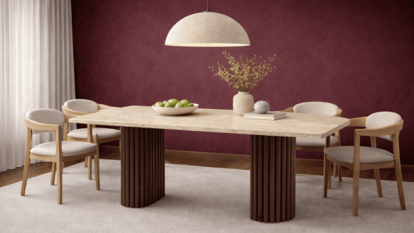 Kia -Ahşap Huni Ayaklı Traverten Mermer Yemek Masası