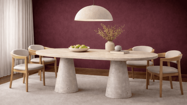 Elipse- Ahşap Ayak Traverten Mermer Yemek Masası