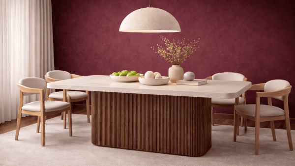 Senza- Ahşap Ayak Traverten Mermer Yemek Masası