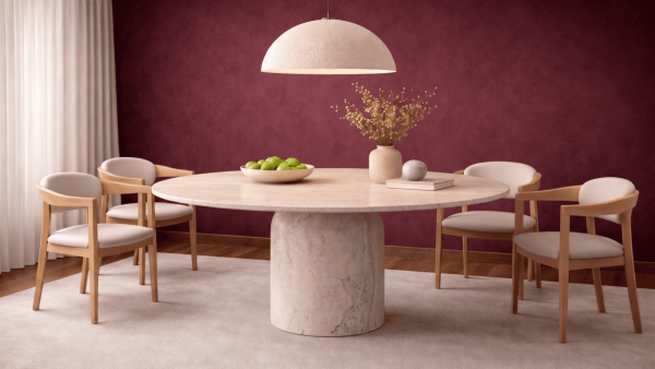 Eleanor-Traverten Mermer Tek Mermi Ayak Yemek Masası