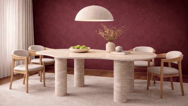 Lion-Traverten Mermer Asimetrik Tabla 4 Ayaklı Yemek Masası