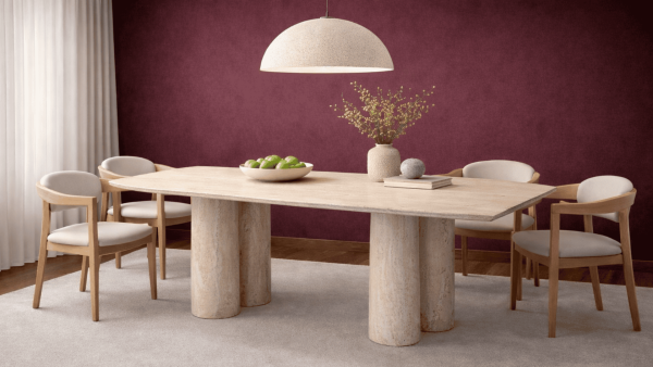 Eden-Traverten Mermer Yuvarlak  4 Silindir Ayak Yemek Masası