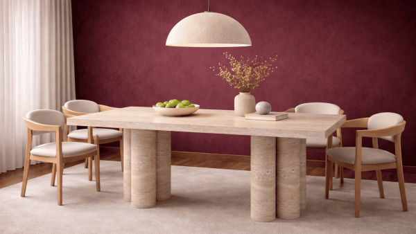 Gretal- Traverten Mermer 6 Silindir Ayaklı Yemek Masası