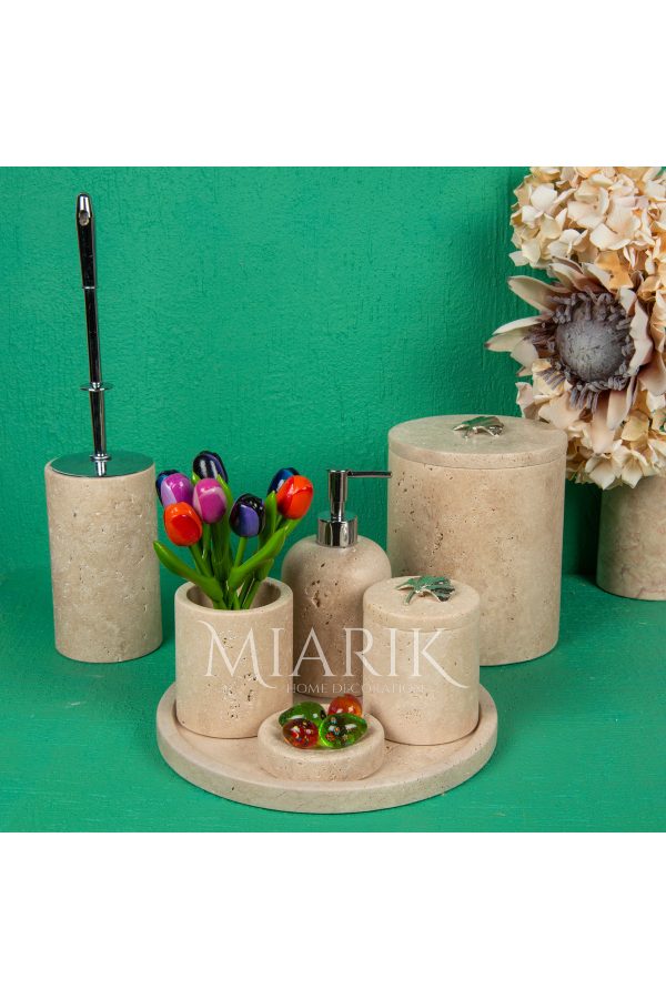 Dekoratif Traverten Mermer Oval Banyo Seti Takımı 7 Li Pirinç Detaylı Tasarım Set
