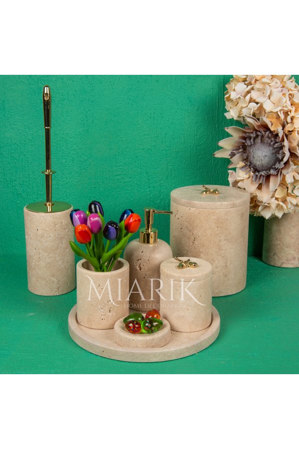 Dekoratif Traverten Mermer Oval Banyo Seti Takımı 7 Li Pirinç Detaylı Tasarım Set