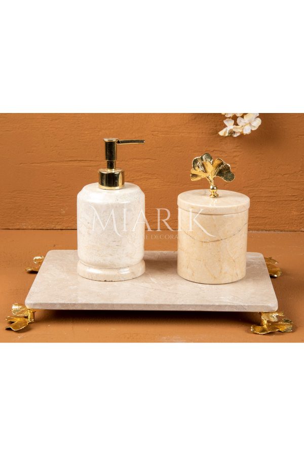 DEKORATİF MERMER GINKO AKSESUAR DETAYLI 3 LU BANYO SETİ TAKIMI