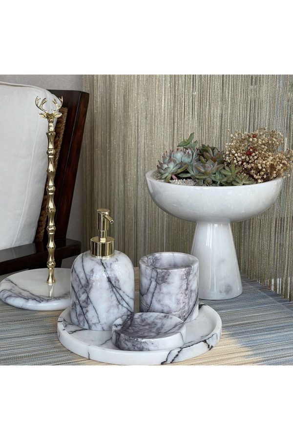 DEKORATİF LEYLAK MERMER GOLD DETAYLI 5 Lİ BANYO SETİ TAKIMI