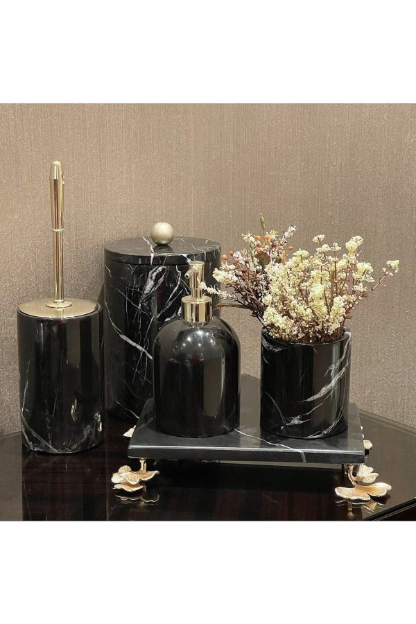 DEKORATİF SIYAH MERMER GINKO AKSESUAR DETAYLI 5 Lİ BANYO SETİ TAKIMI
