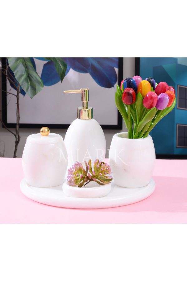 Dekoratif Beyaz Mermer Banyo Seti Takımı 5 Li Gold Top Detaylı Tasarım Set