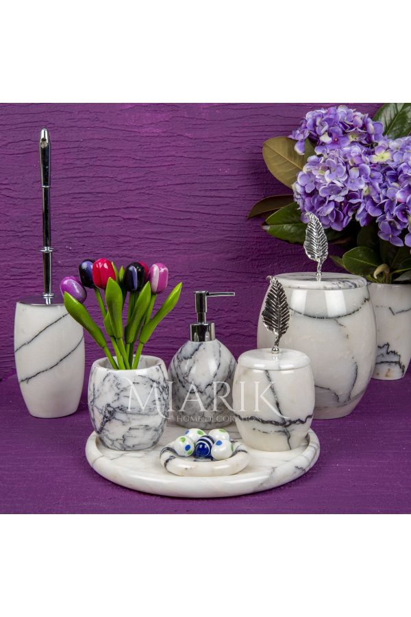Dekoratif Leylak Mermer Banyo Seti Takımı 7 Li Gümüş Yaprak Detaylı Tasarım Set