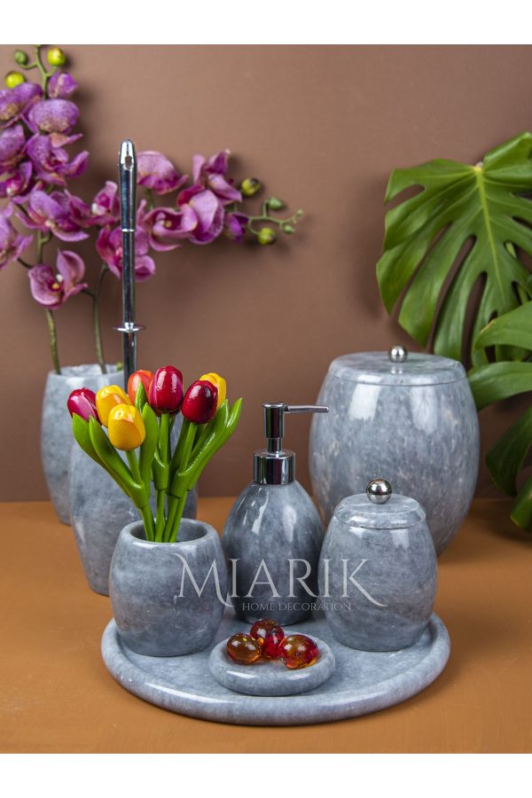Dekoratif Gri Mermer Banyo Seti Takımı 7 Li Gümüş Top Detaylı Tasarım Set